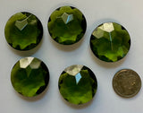Rare Vintage Five (5) Round 25mm Round Olivine Green Double Faceted Glass Jewels