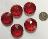 Vintage Five (5) Round 25mm Round Siam Cherry Red Double Faceted Glass Jewels