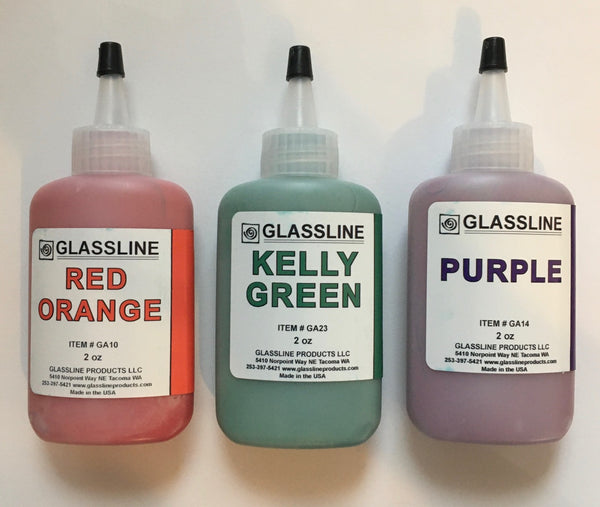 Glassline - Red Orange Kelly Green Purple Fusing Glass Paints Set of 3 - Secondary Colors