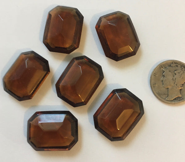 Vintage 20x15mm Topaz Brown (6) Rectangle Octagon Double Faceted Glass Jewels