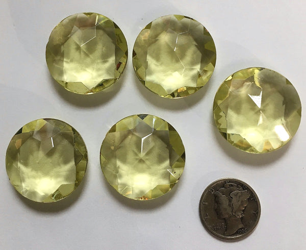 Vintage Five (5) Round 25mm Round Light Jonquil Double Faceted Glass Jewels