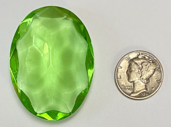 Vintage 40x30mm Peridot Green Double Faceted Glass Cushion Jewel - Stained Glass and Lead