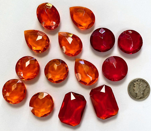 Rare Vintage Orange Hyacinth and Siam Cherry Red Double Faceted Round Glass Jewel Assortment