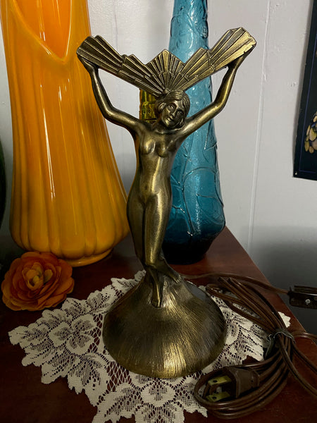 Large Rare Vintage Art Nouveau Nude Fan Lamp Base w/Cord