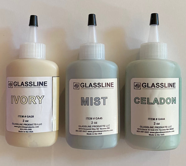 Glassline Ivory Mist Celadon Fusing Glass Paints - Set of 3 - Soft Blue Green Tones