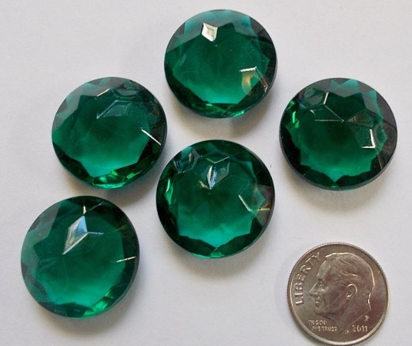 Rare Vintage 20mm Dark Emerald Green (5) Five Double Faceted Glass Jewels - Beautiful!