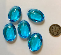 Rare (5) Vintage 25x18mm Oval Aquamarine Blue Double Faceted Glass Jewels