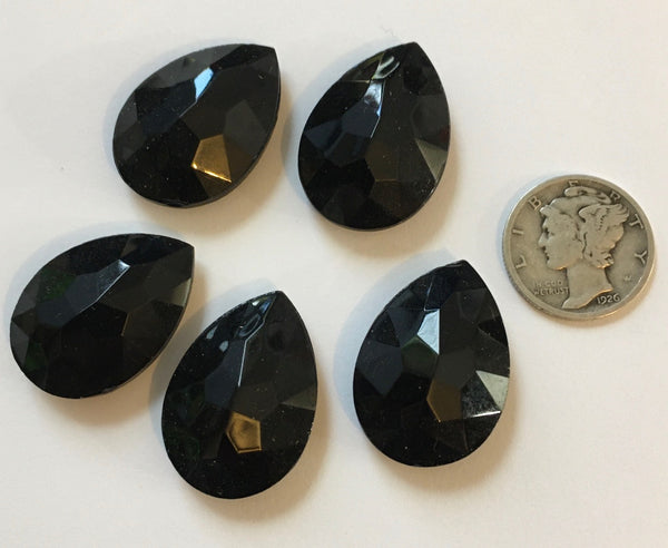 Vintage 25x18mm Jet Black Opal Pear Teardrop (5) Double Faceted Glass Jewels