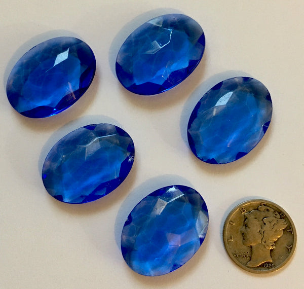 Rare (5) Vintage 25x18mm Oval Sapphire Blue Double Faceted Glass Jewels