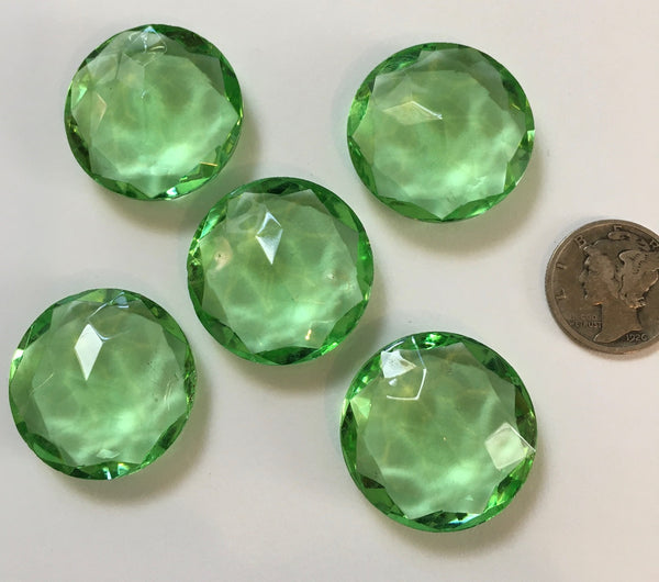Vintage Five (5) Round 25mm Round Peridot Green Double Faceted Glass Jewels