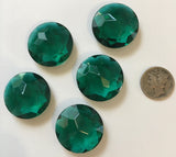 Vintage Five (5) Round 25mm Round Emerald Green Double Faceted Glass Jewels