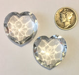 Vintage (2) High Dome 25mm Crystal Clear Double Faceted Heart Glass Jewels - Beautiful!