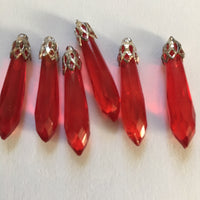 Vintage 27mm Red Faceted Glass Prism Pendants with Cap (6) - Beautiful!